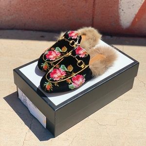 Gucci Floral Fur Lined Princetown Slides